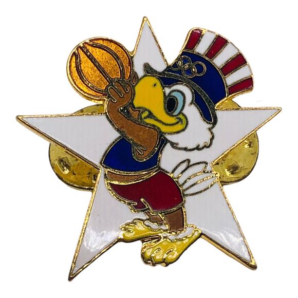 USA Olympics Jewelry - Olympic Memorabilia LA 1984 Sam The Eagle Basketball Star Vintage Hat Lapel Pin